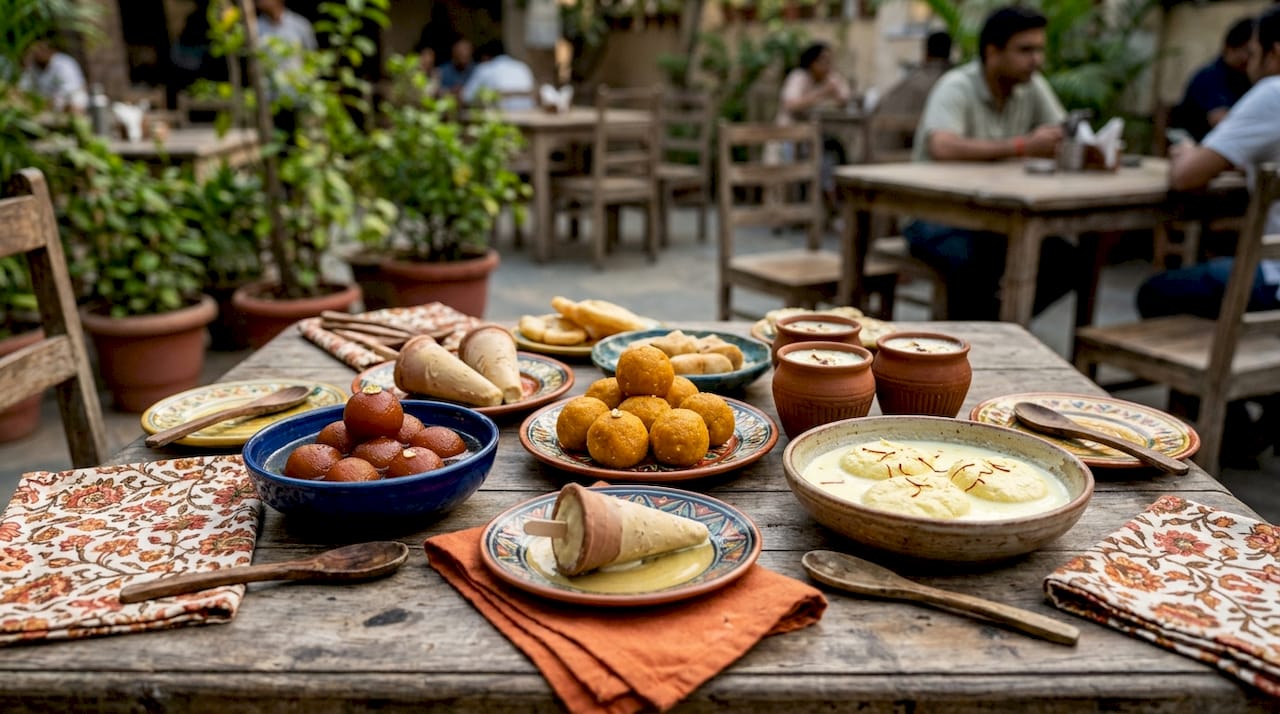 Una mesa repleta de exquisitos postres típicos de la India, cuidadosamente presentados.