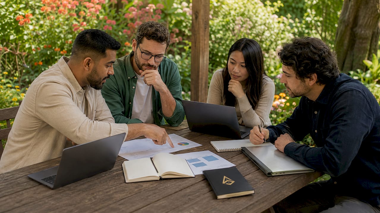El equipo de SEO trabajando en conjunto y compartiendo ideas alrededor de una mesa de reuniones.