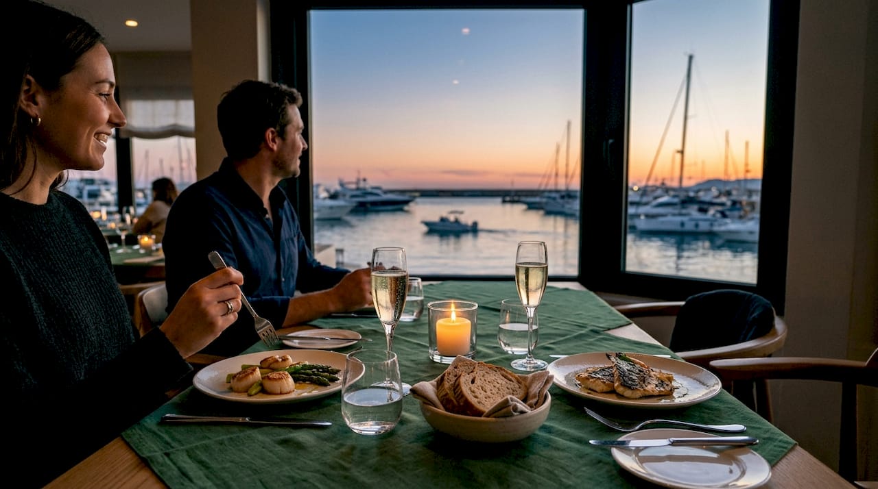 Seafood table with water view at dusk