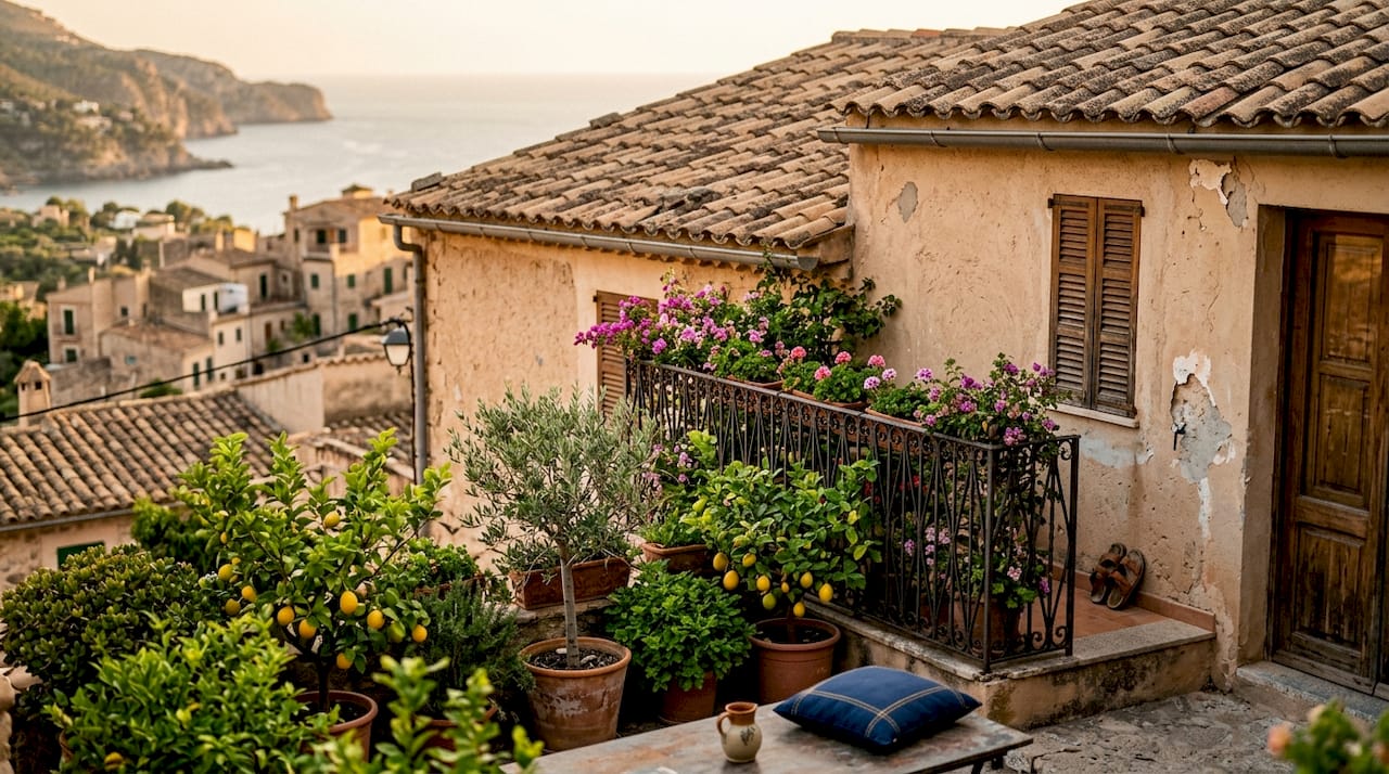 Mediterranean terrace architectural details with plants