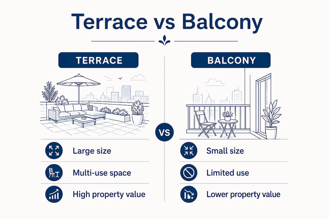 Infographic comparing terrace and balcony features