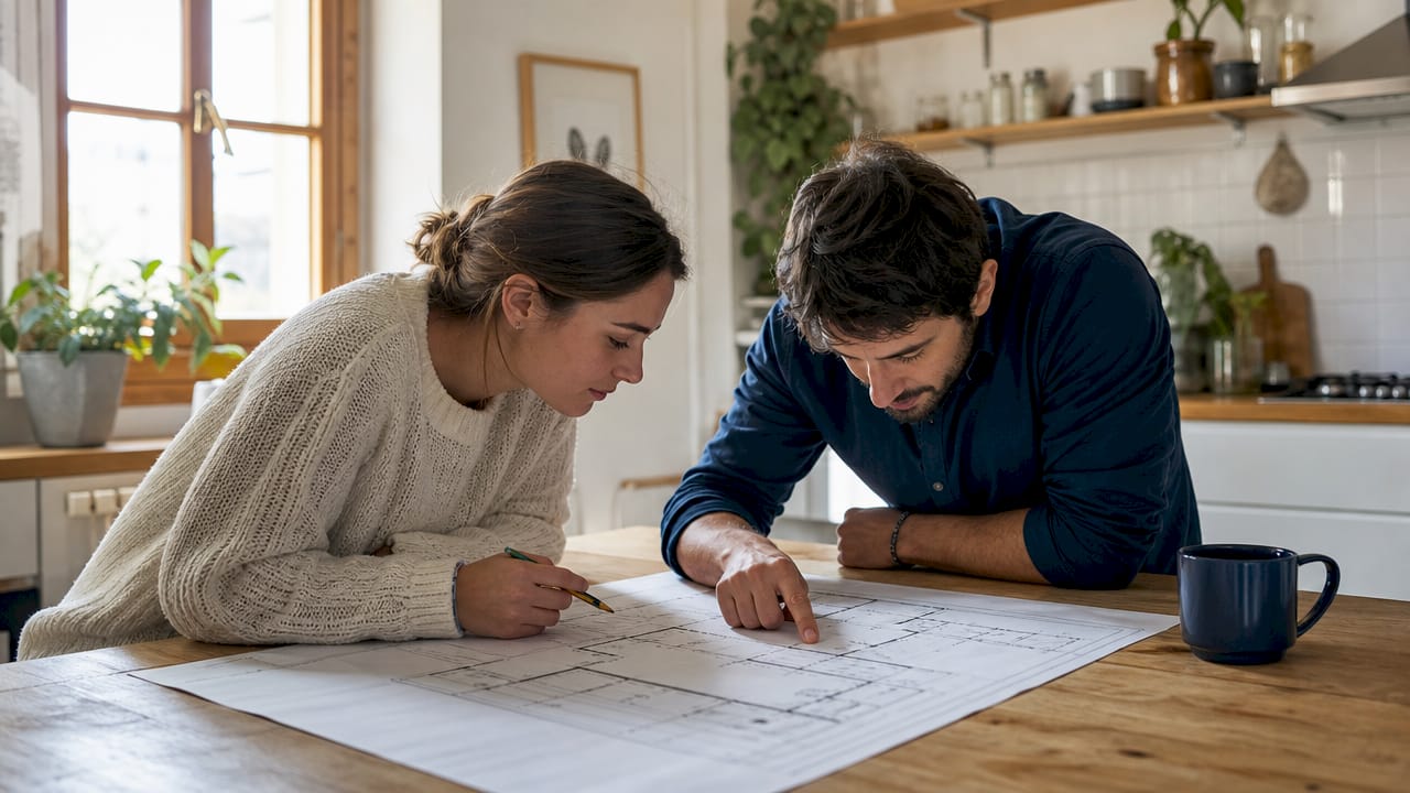 Una pareja analiza los planos de su futuro piso en el interior de la vivienda.