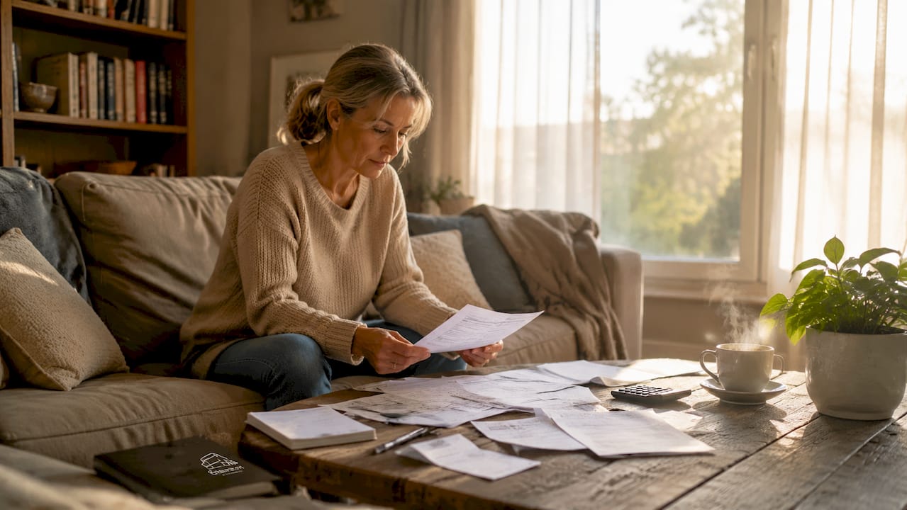 Hands sorting Spanish tax paperwork at desk