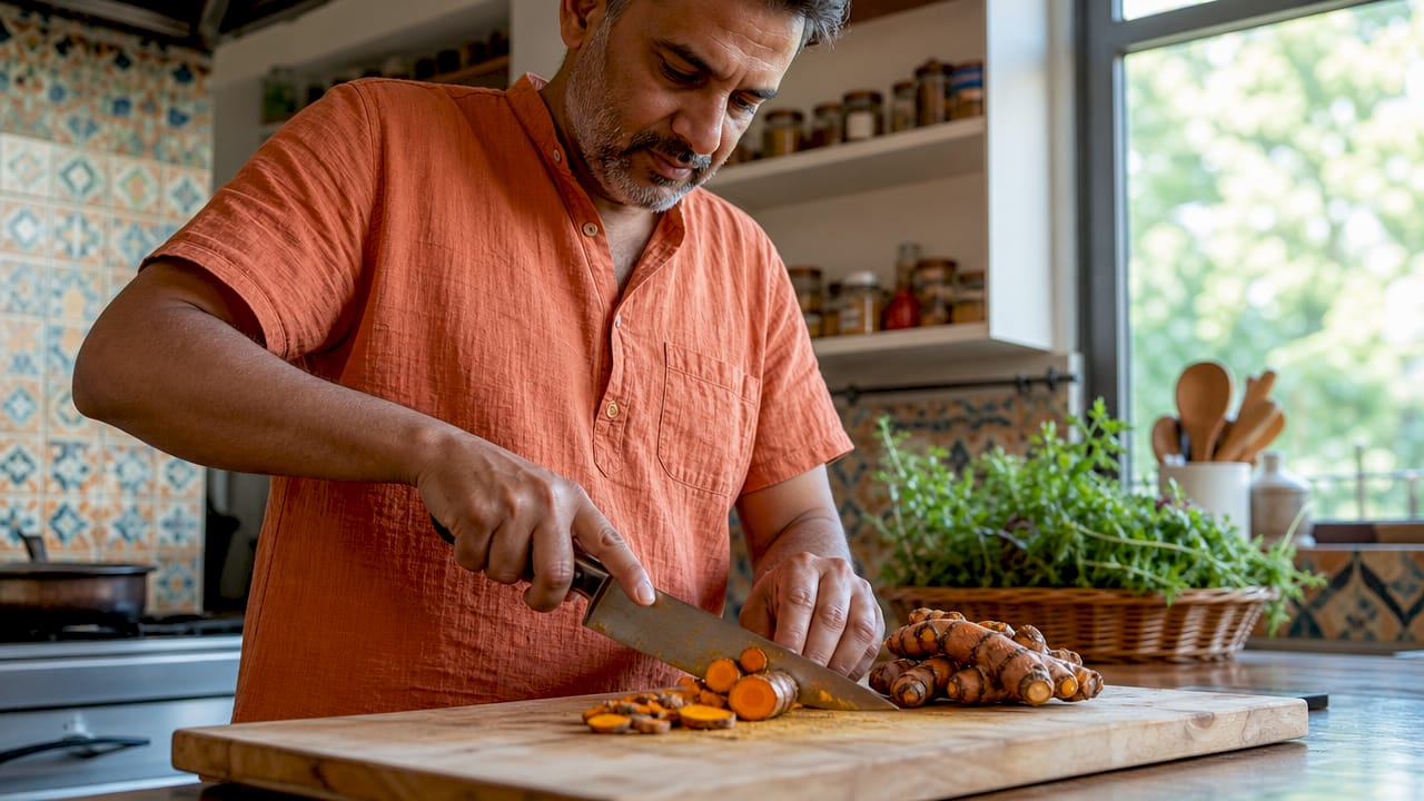 Unas manos cortan raíz de cúrcuma fresca sobre una tabla de cocina.
