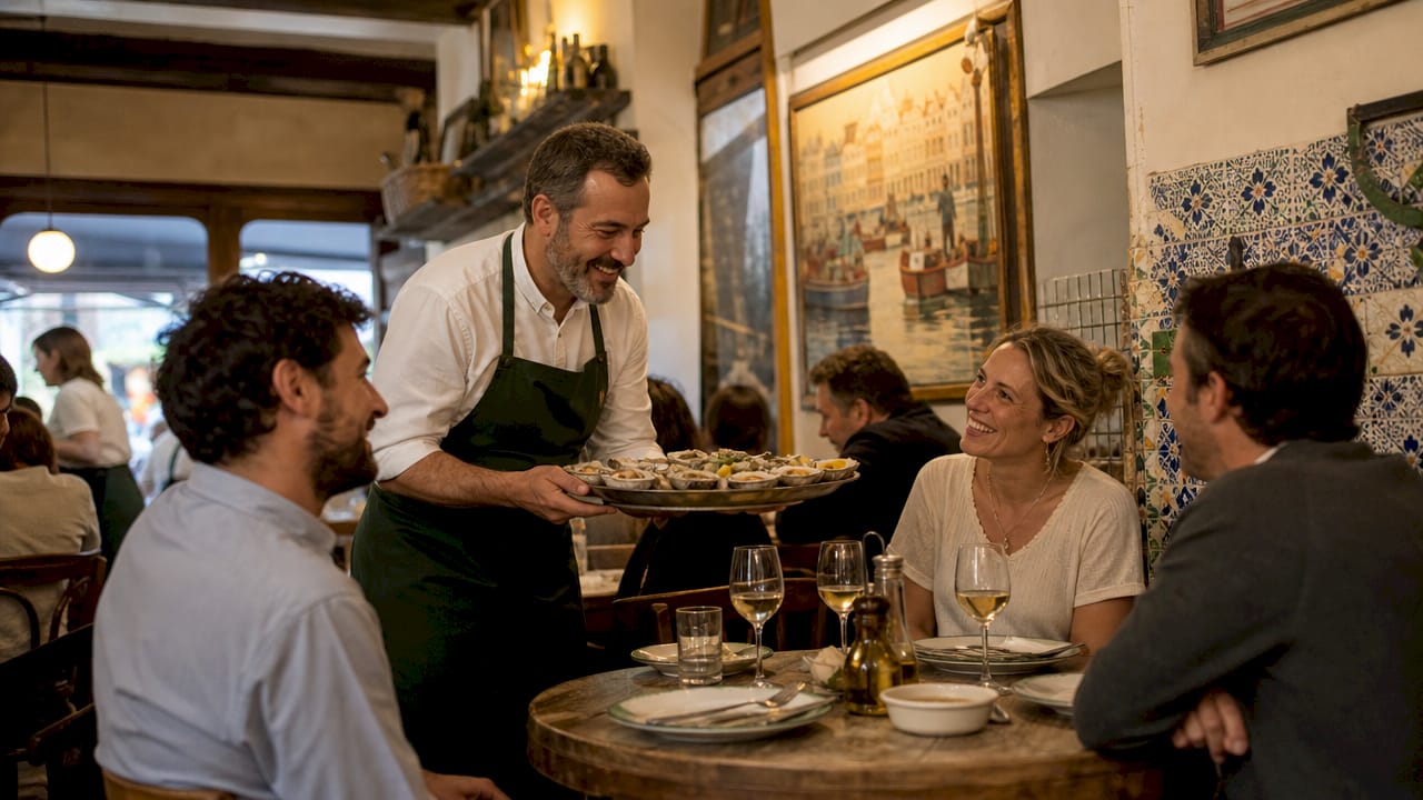 Waiter serving seafood to local customers inside rustic restaurant