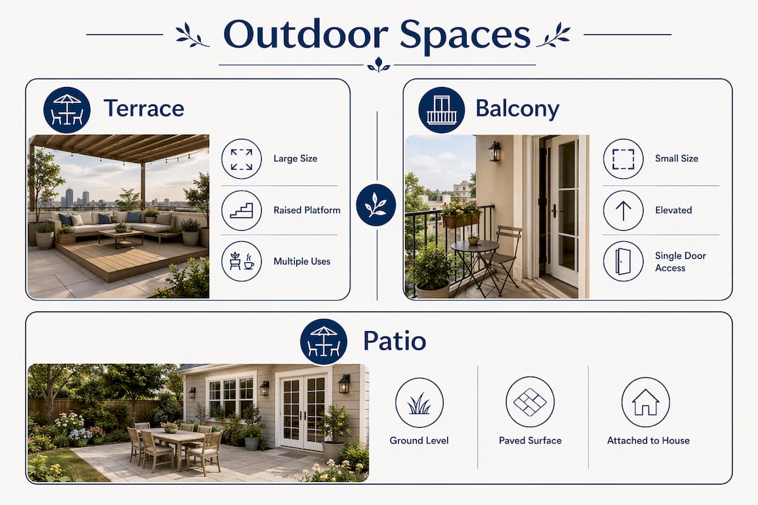 Infographic comparing terrace, balcony, and patio features