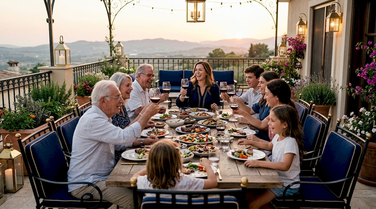 Family dining on ground-level open-air terrace