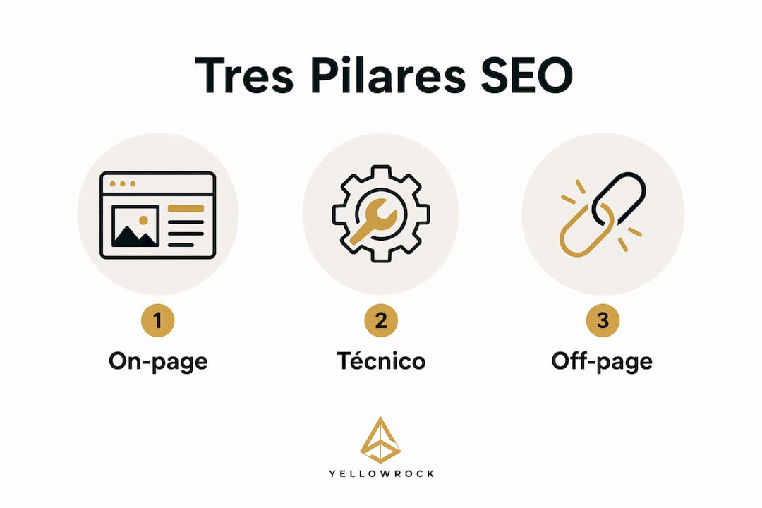 Infografía que muestra la estructura jerárquica de los tres fundamentos clave del SEO
