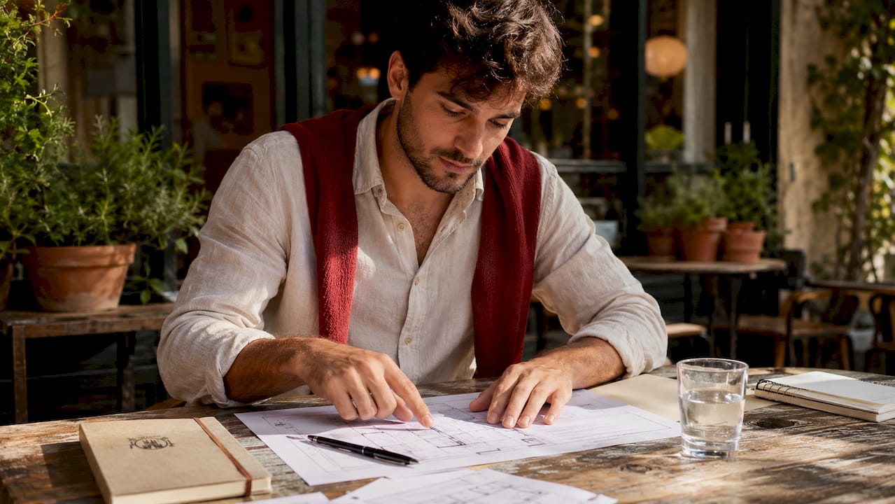 Persona revisando la documentación necesaria para obtener la licencia de funcionamiento de un restaurante.