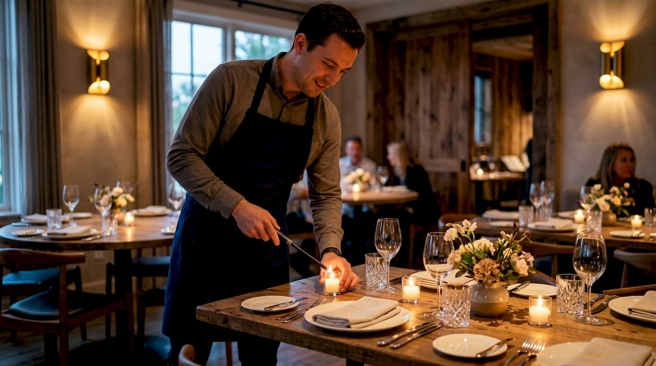 Hands lighting candles on restaurant table