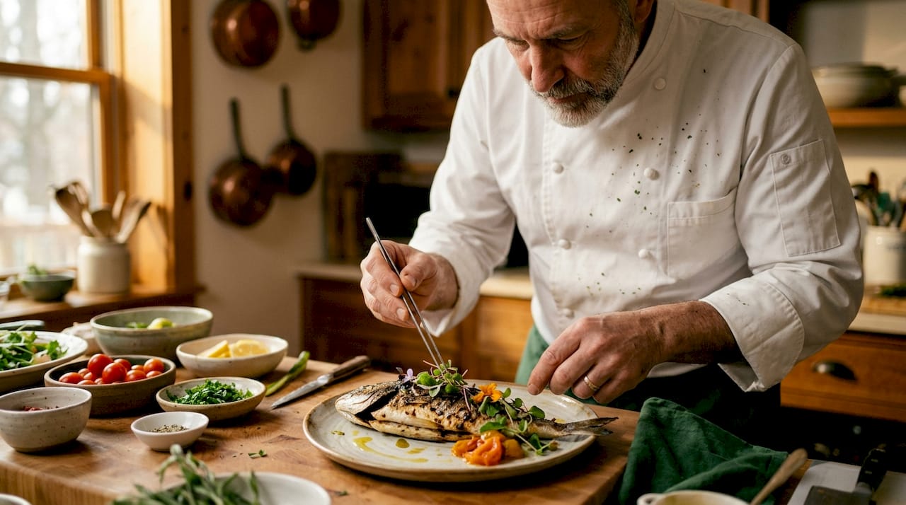 Chef plating elegant seafood dish in fine dining kitchen
