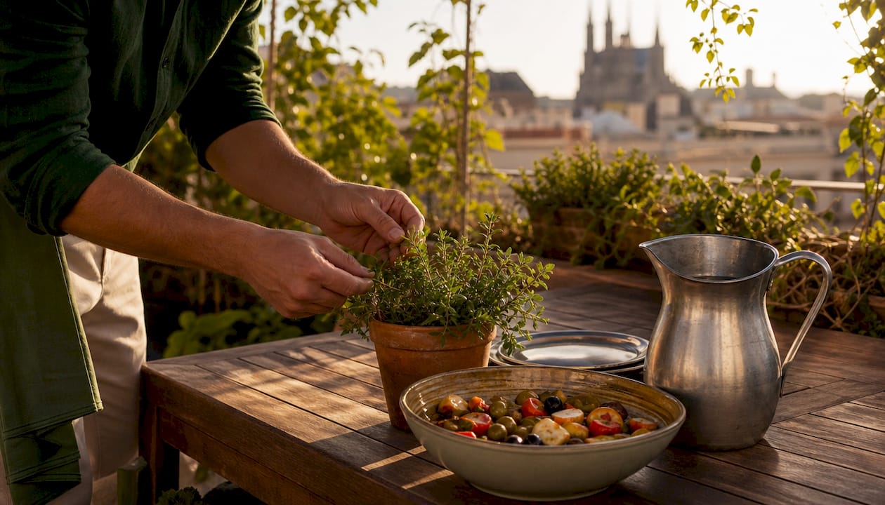 Close-up of greenery and herbs on terrace table