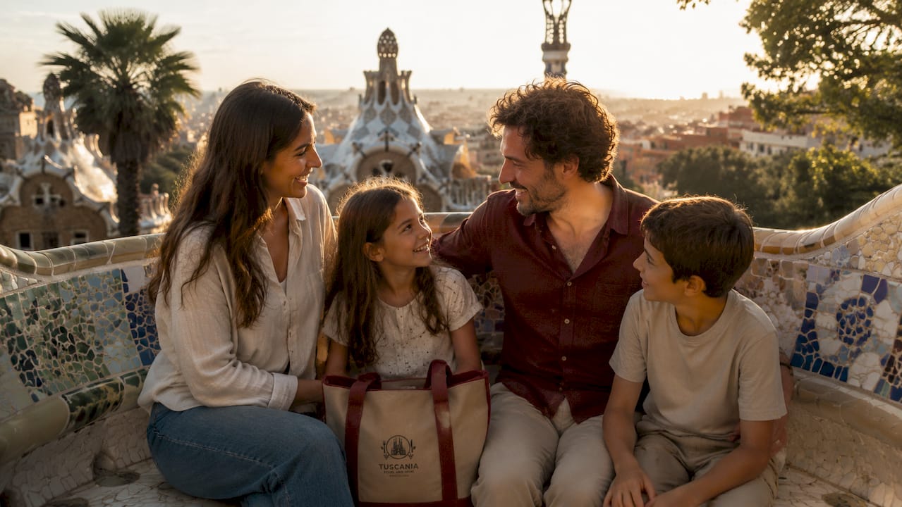 Una familia disfruta de un paseo por el Park Güell bajo el sol radiante.