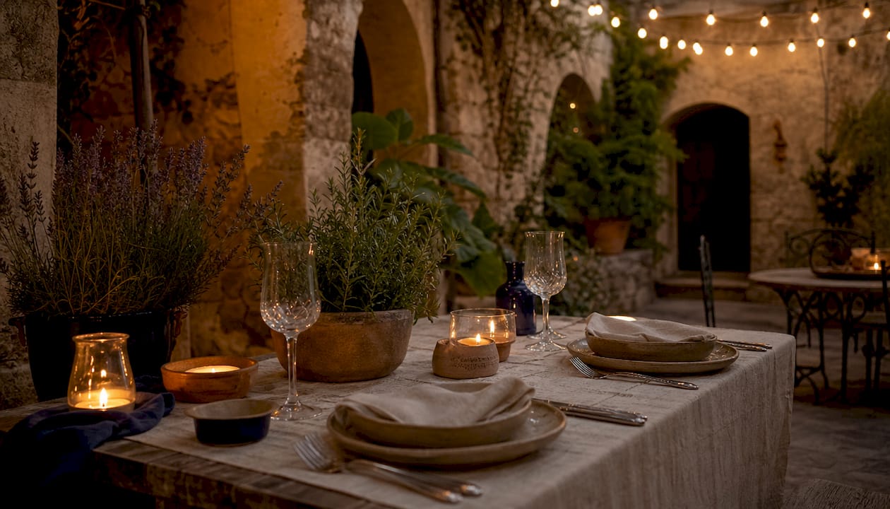 Mediterranean terrace dining ambiance at dusk