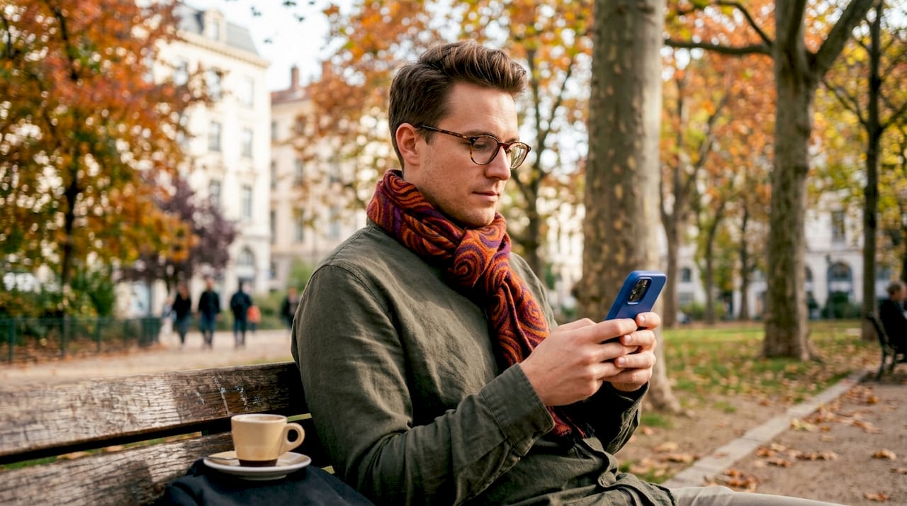 Jeune nano-influenceuse connectée, smartphone à la main, profitant d’un moment sur la terrasse d’un café branché.