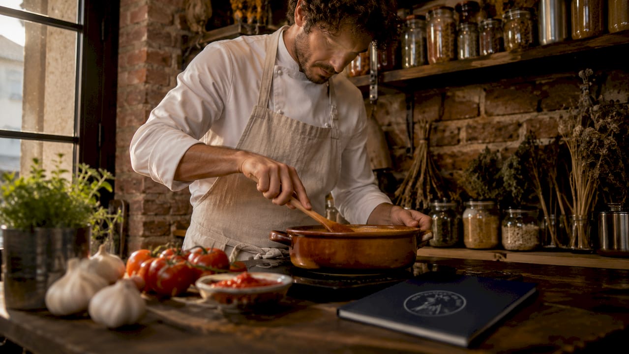 Un chef catalán rehoga cuidadosamente las verduras para preparar un sofrito tradicional en su cocina.