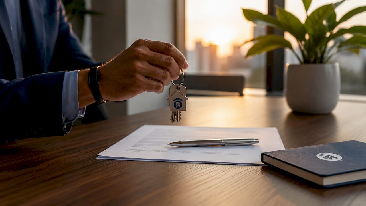 Unas llaves y el contrato listos sobre un escritorio perfectamente ordenado
