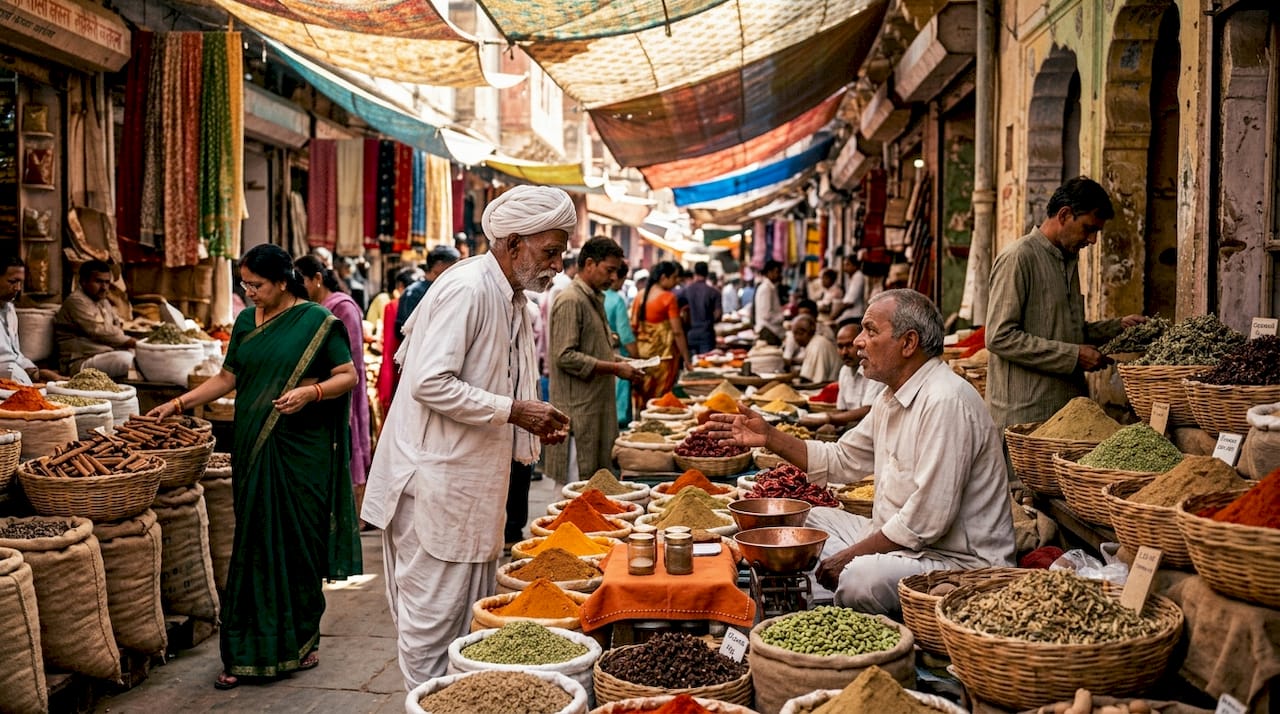 Un bullicioso mercado de especias en la India, donde los compradores exploran aromas y colores únicos.
