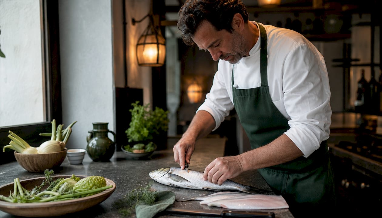 Chef preparing Lonja seafood in kitchen