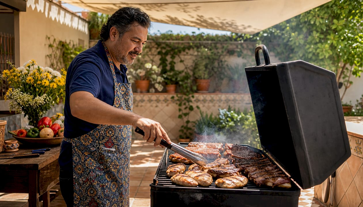 Man grilling assorted meats outdoors at home