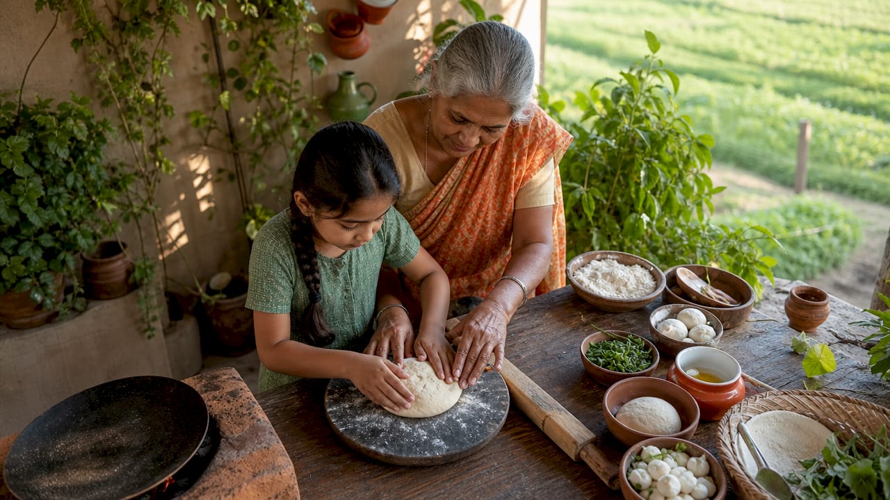 Una abuela enseñando a su nieto a preparar las recetas de toda la vida.