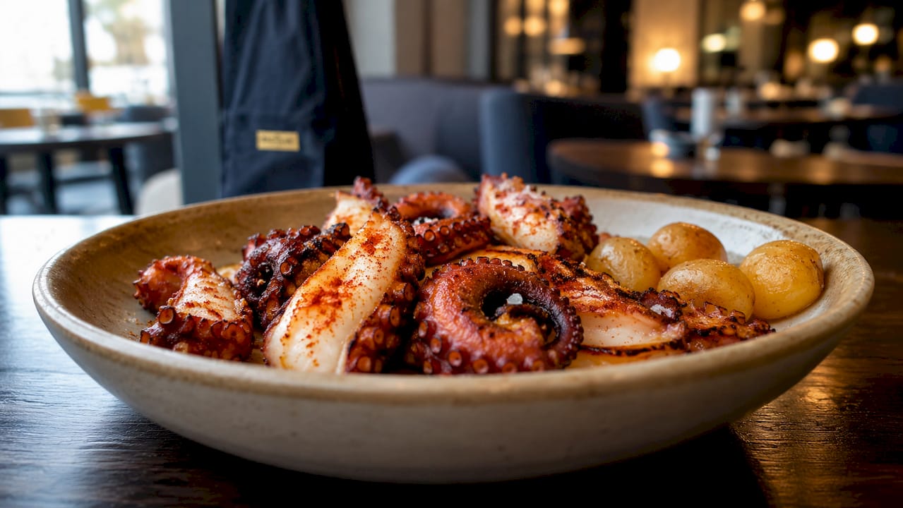 Detalle de un plato de pulpo con patatas sobre una mesa de madera, con un toque rústico.