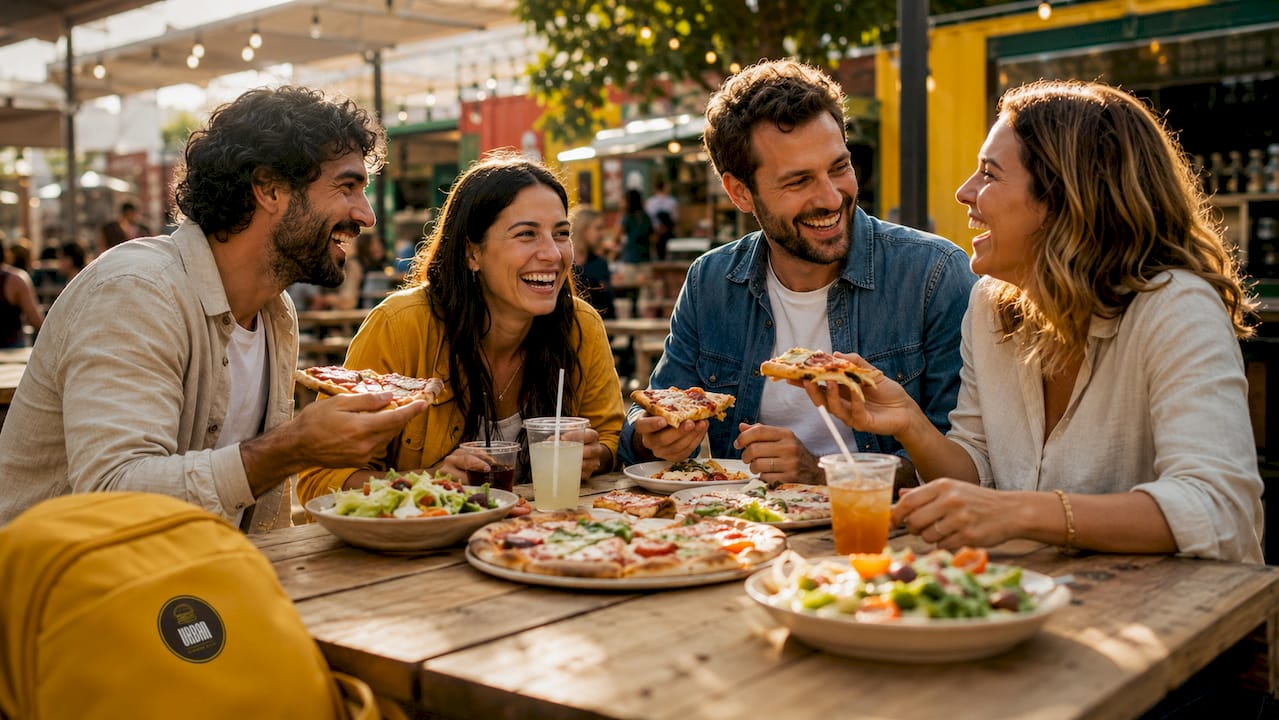 Un grupo de amigos pasando un buen rato mientras comparten una comida informal en un restaurante.