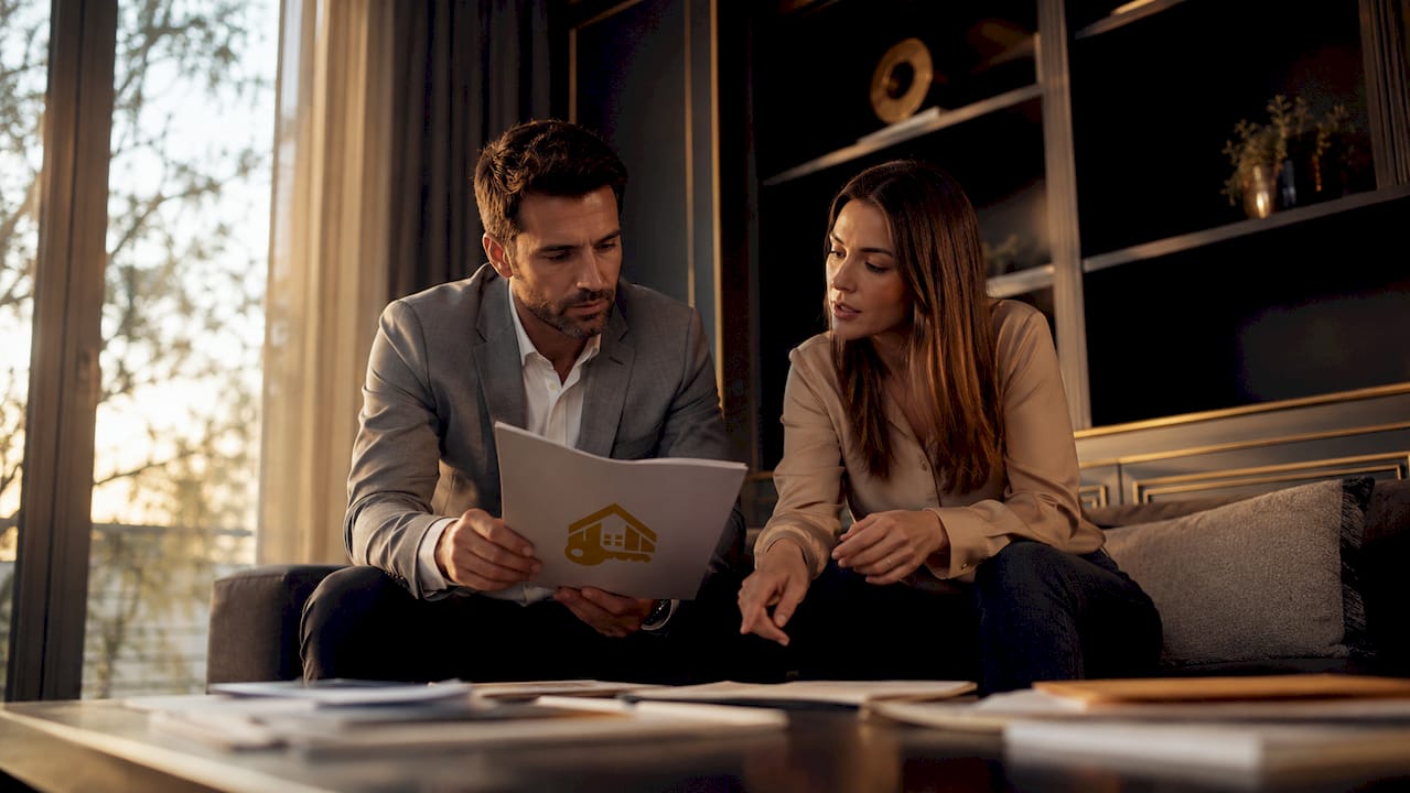 Una pareja revisa una guía fiscal en la cocina de su segunda residencia.