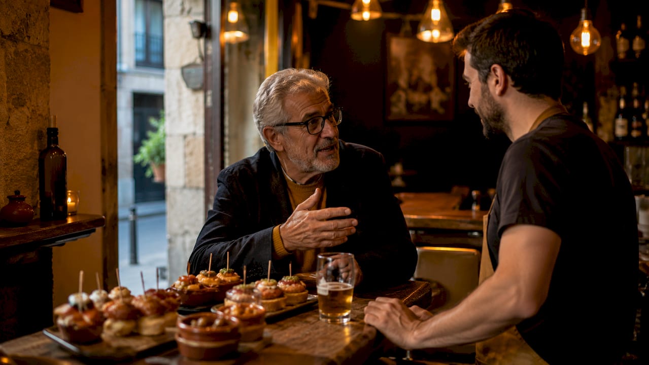 Un hombre saborea unos pintxos en la barra de un bar del Poble-sec.