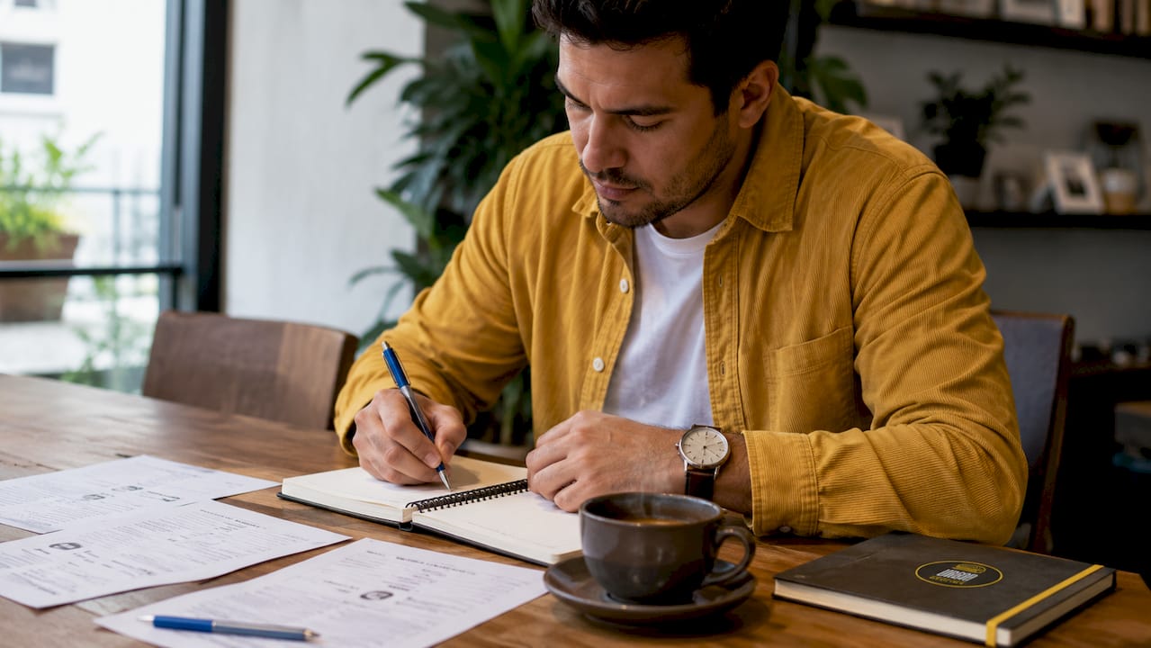 Una mano repasando los horarios y el menú en papel