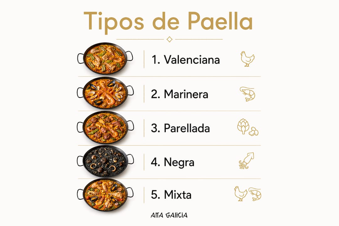 Infografía sobre las variedades de paella más tradicionales que puedes encontrar en Barcelona
