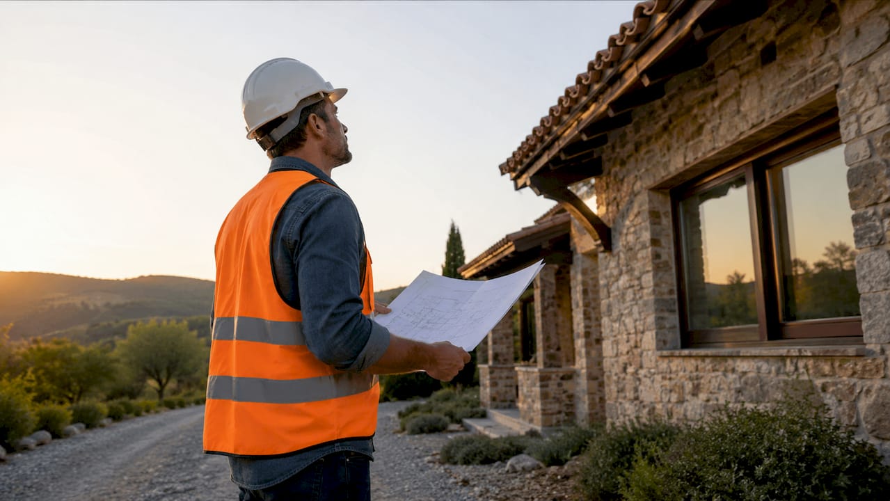 Especialista revisando la estructura exterior de una vivienda