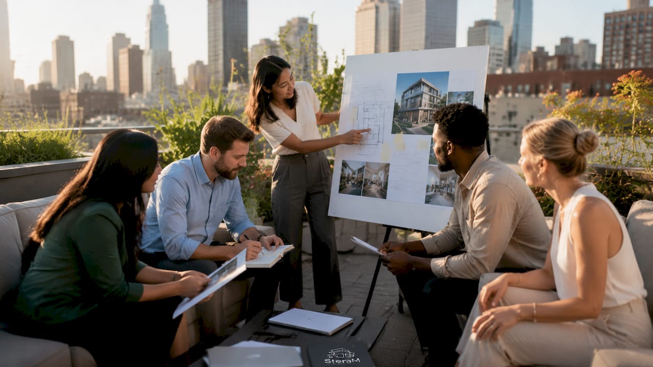 Real estate project team collaborating in meeting