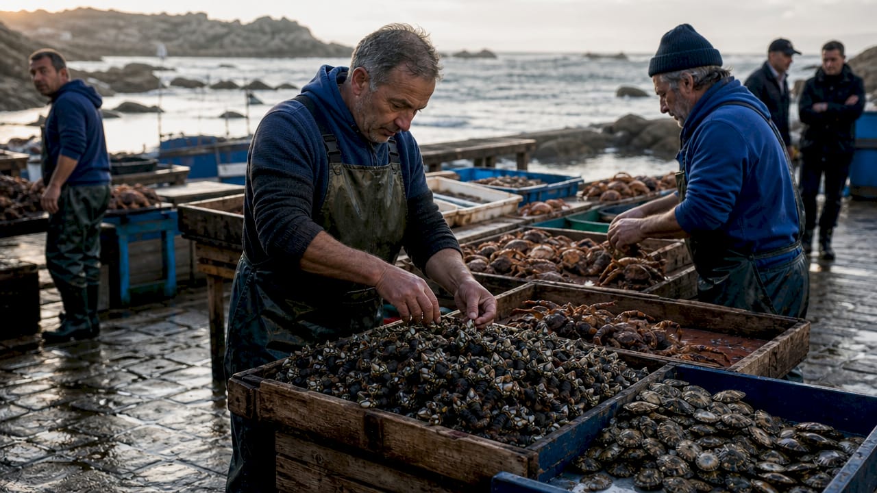 Galician coastal seafood market scene