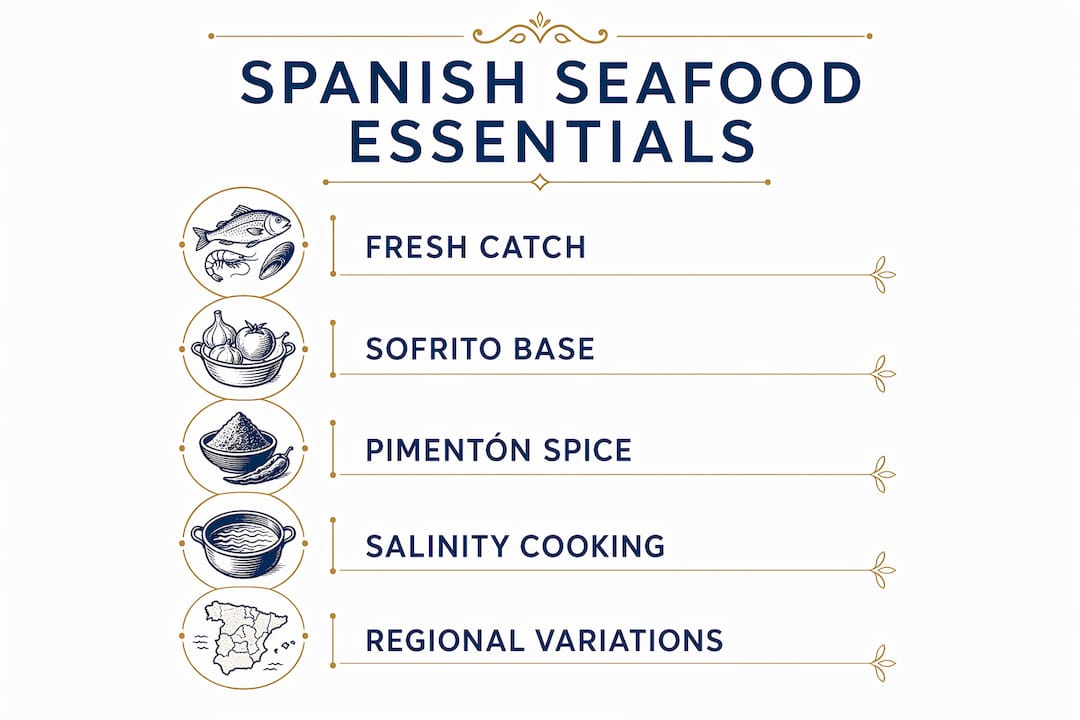 Infographic of essential elements in Spanish seafood cooking