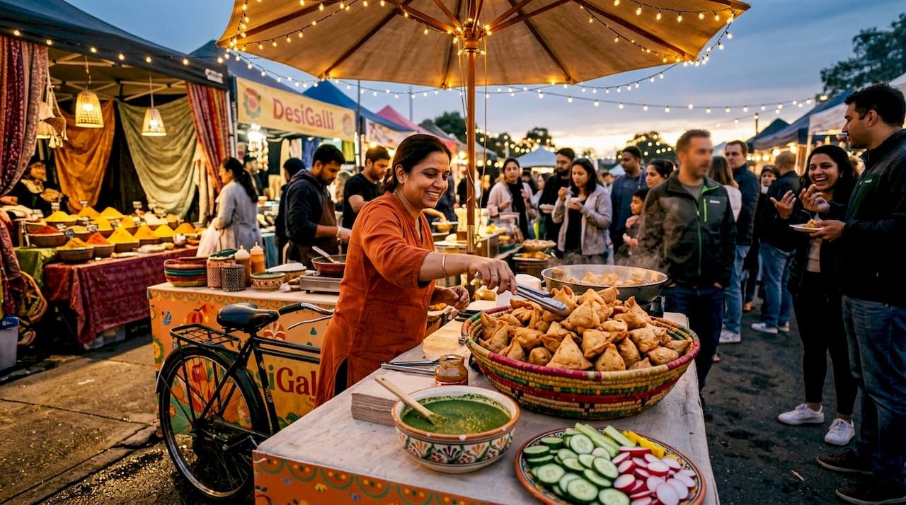 Disfruta unas samosas recién hechas, acompañadas de salsa y cilantro, en un ambiente al aire libre.