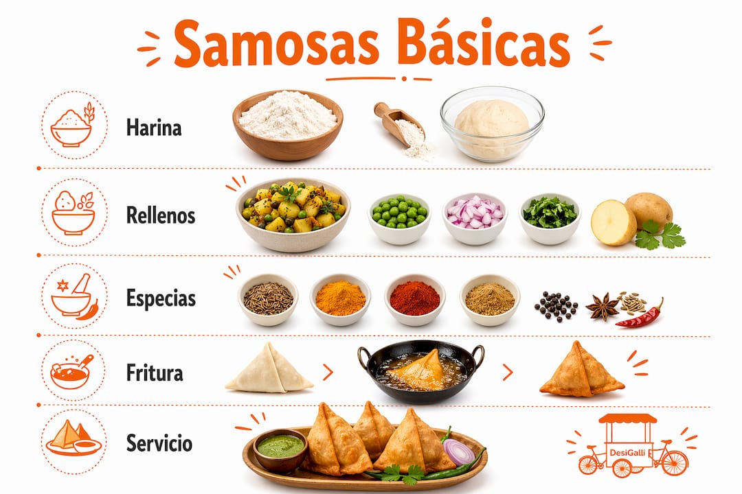 Guía visual con los ingredientes esenciales y el paso a paso para preparar samosas