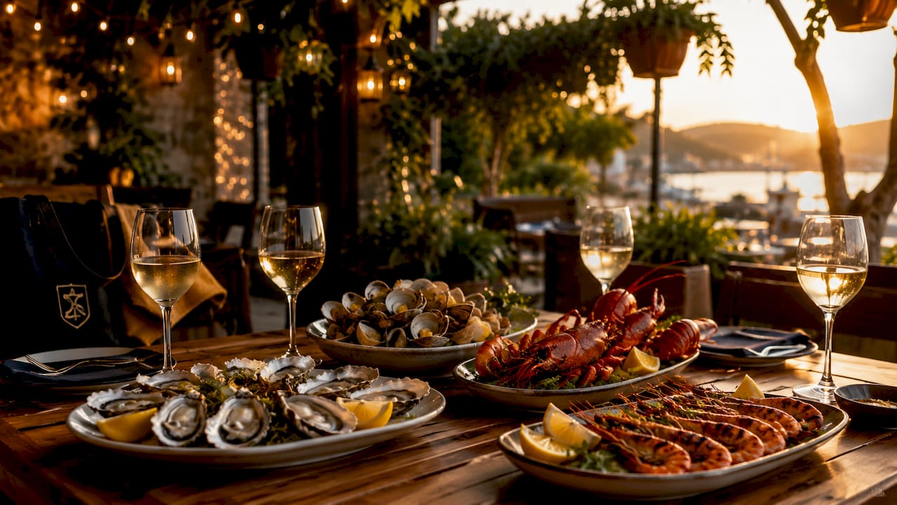 Selección de mariscos frescos acompañada de copas de distintos vinos blancos