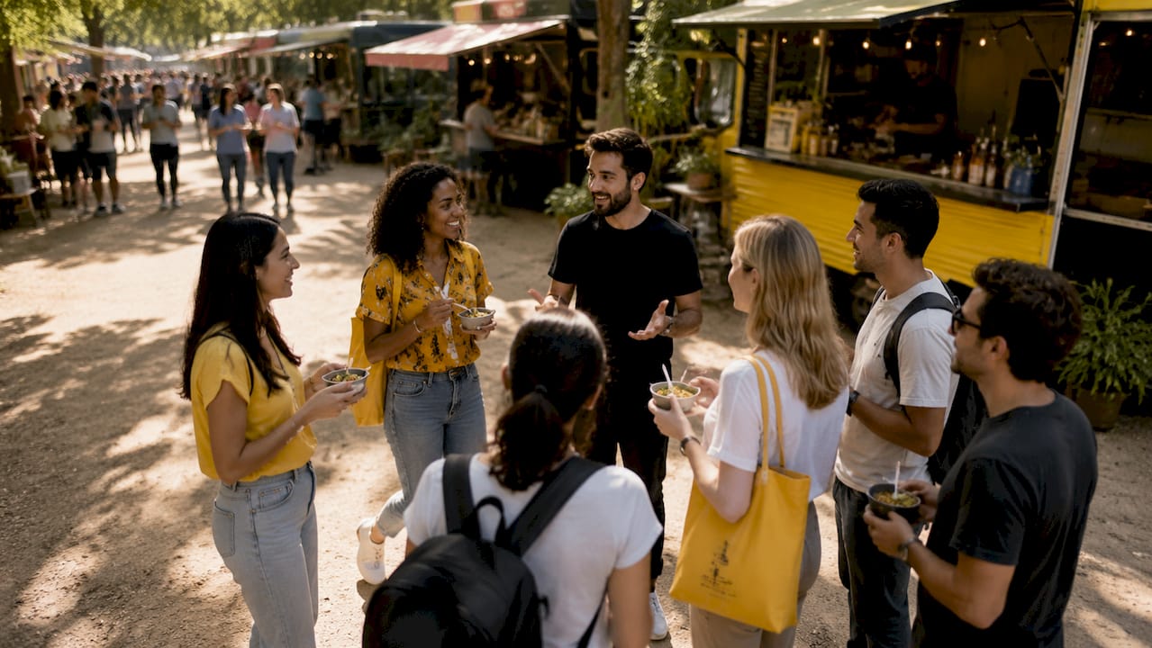 Un grupo de amigos disfruta de un recorrido gastronómico guiado por la ciudad al aire libre.