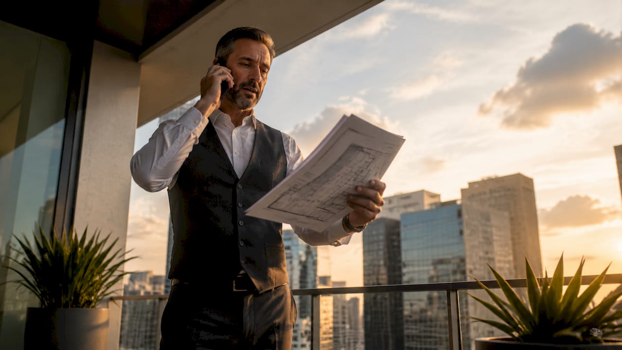 Asesor inmobiliario revisando el valor catastral de una propiedad en la oficina