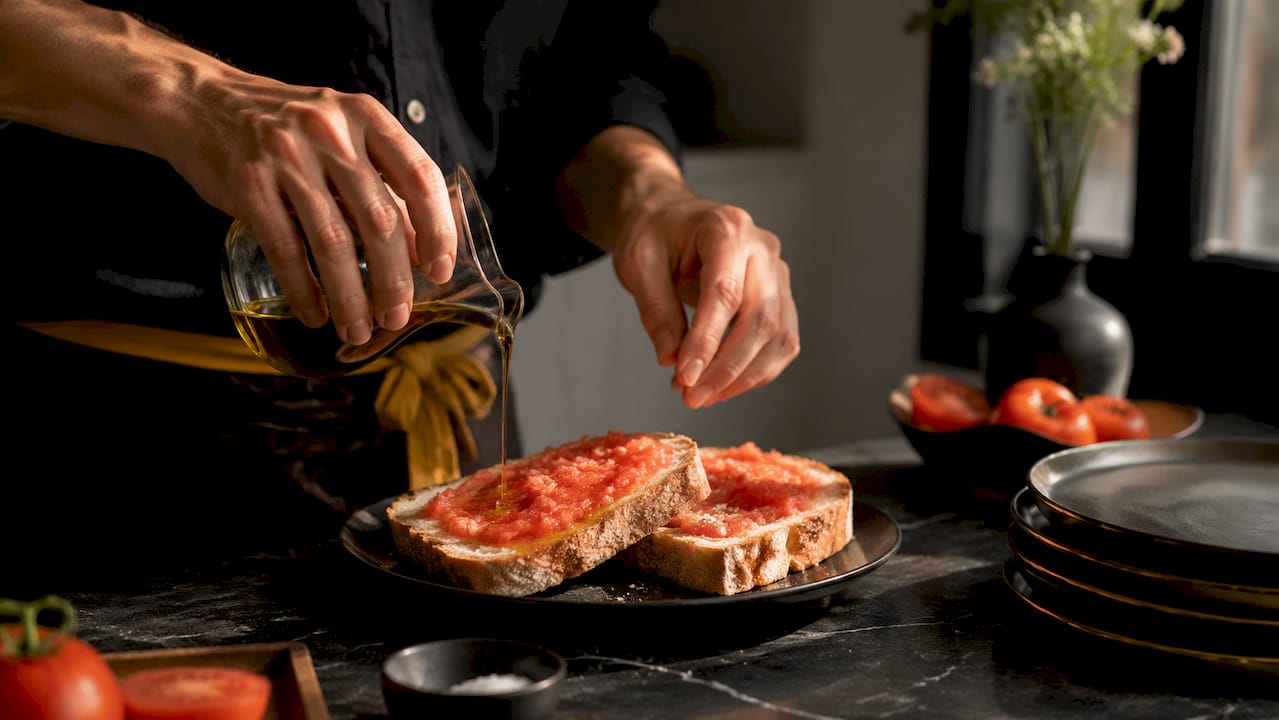 Manos preparando un auténtico pan con tomate