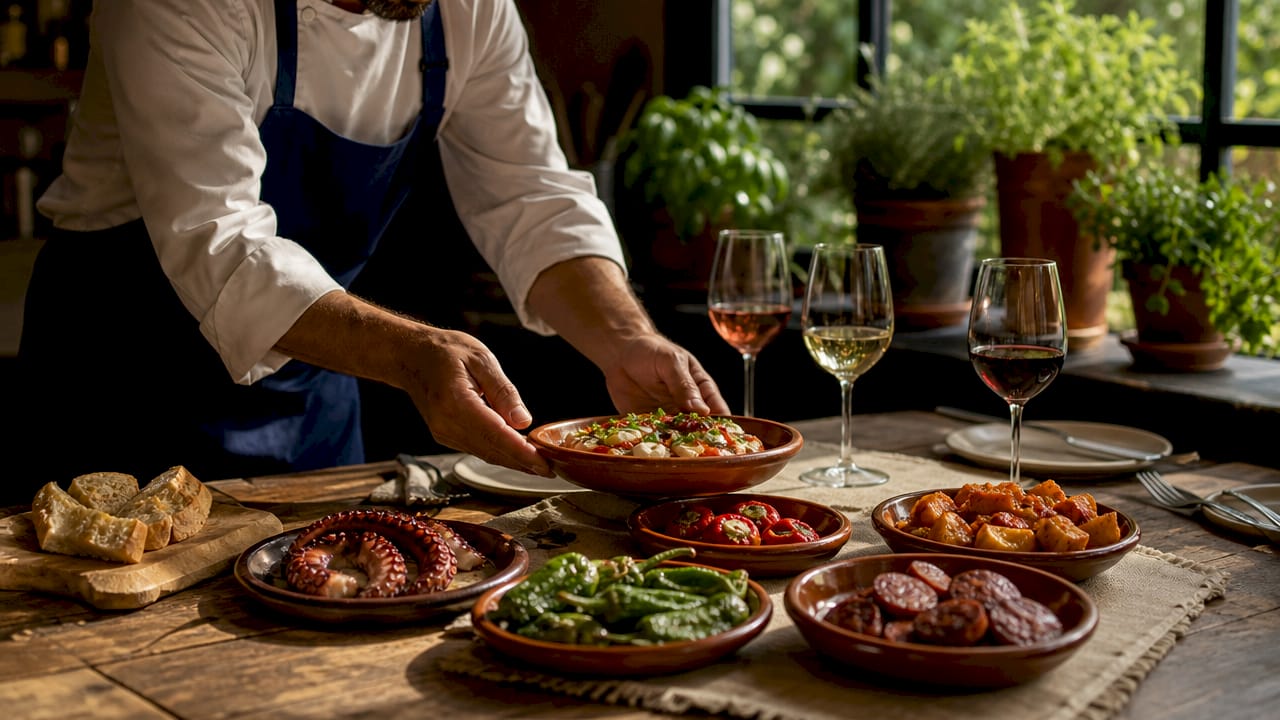 Overhead view of diverse tapas plates and wine glasses
