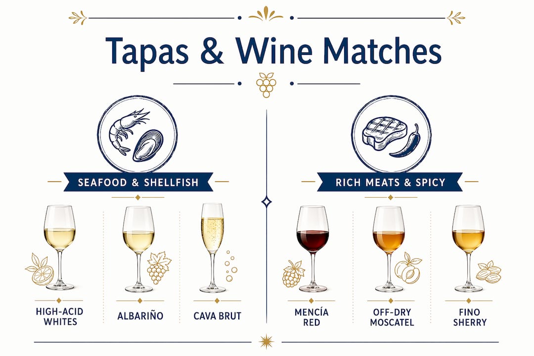 Infographic displaying wine pairings for seafood and meat tapas