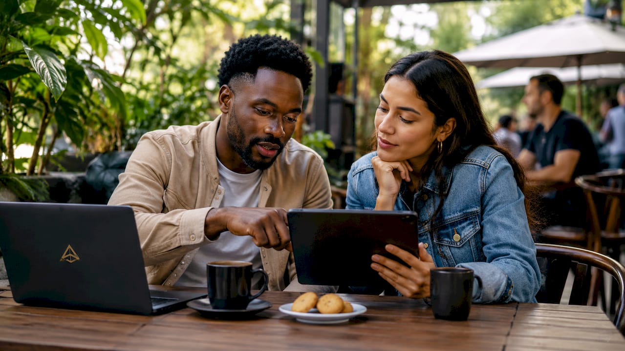 Dos profesionales se reúnen en una cafetería para organizar su próxima estrategia de marketing digital.