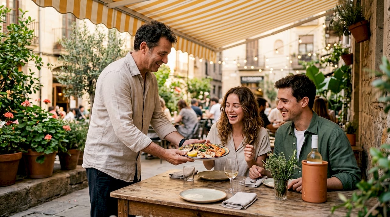 Server presenting fresh fish dish to diners