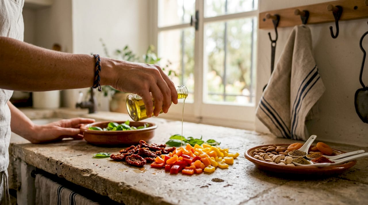 Hands arranging fresh Mediterranean ingredients