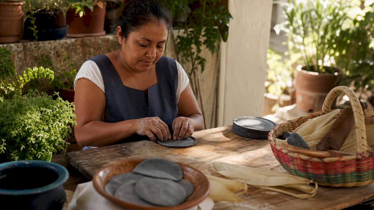 Unas manos dan forma a tortillas auténticas sobre la mesa, cuidando cada detalle como se hace en casa.