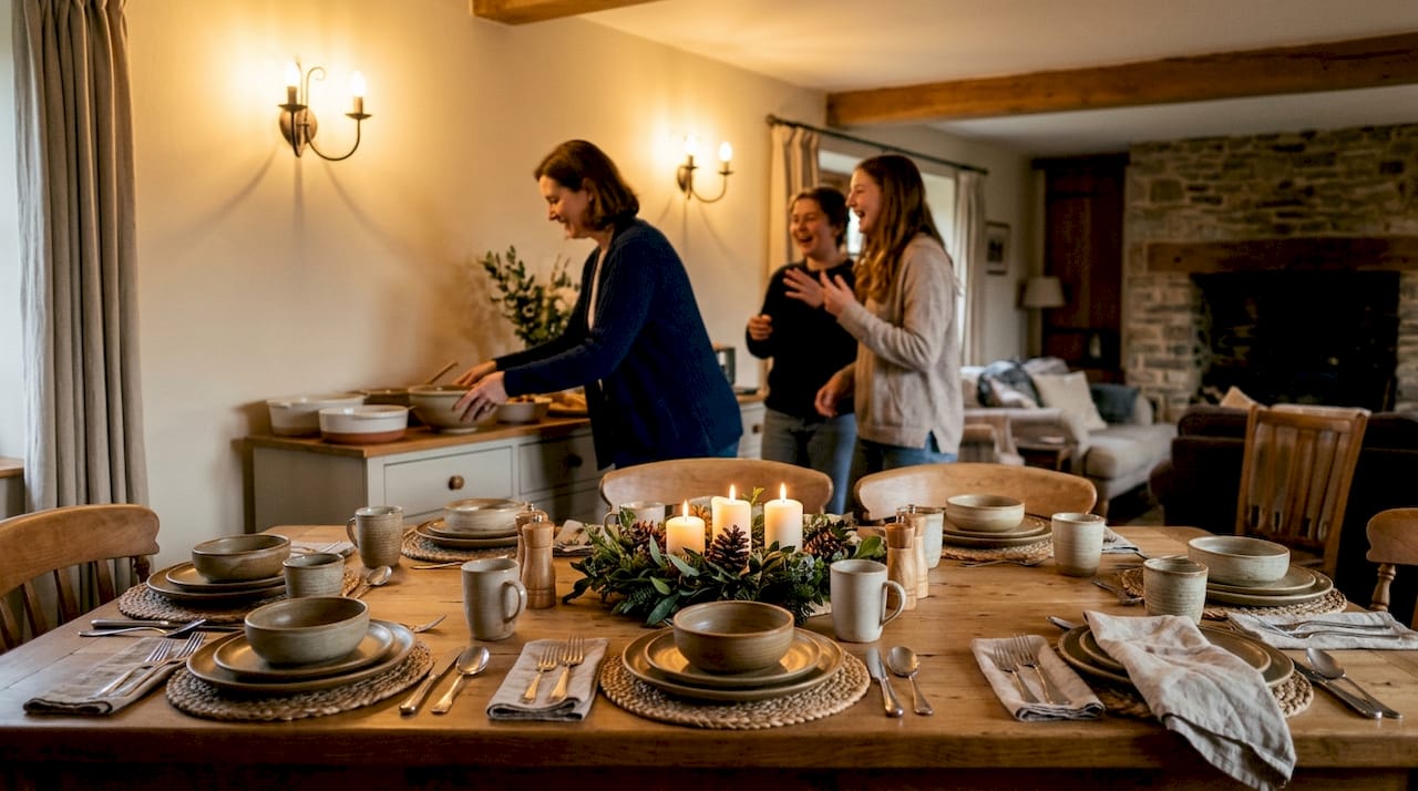 Prepared family dining table, no devices