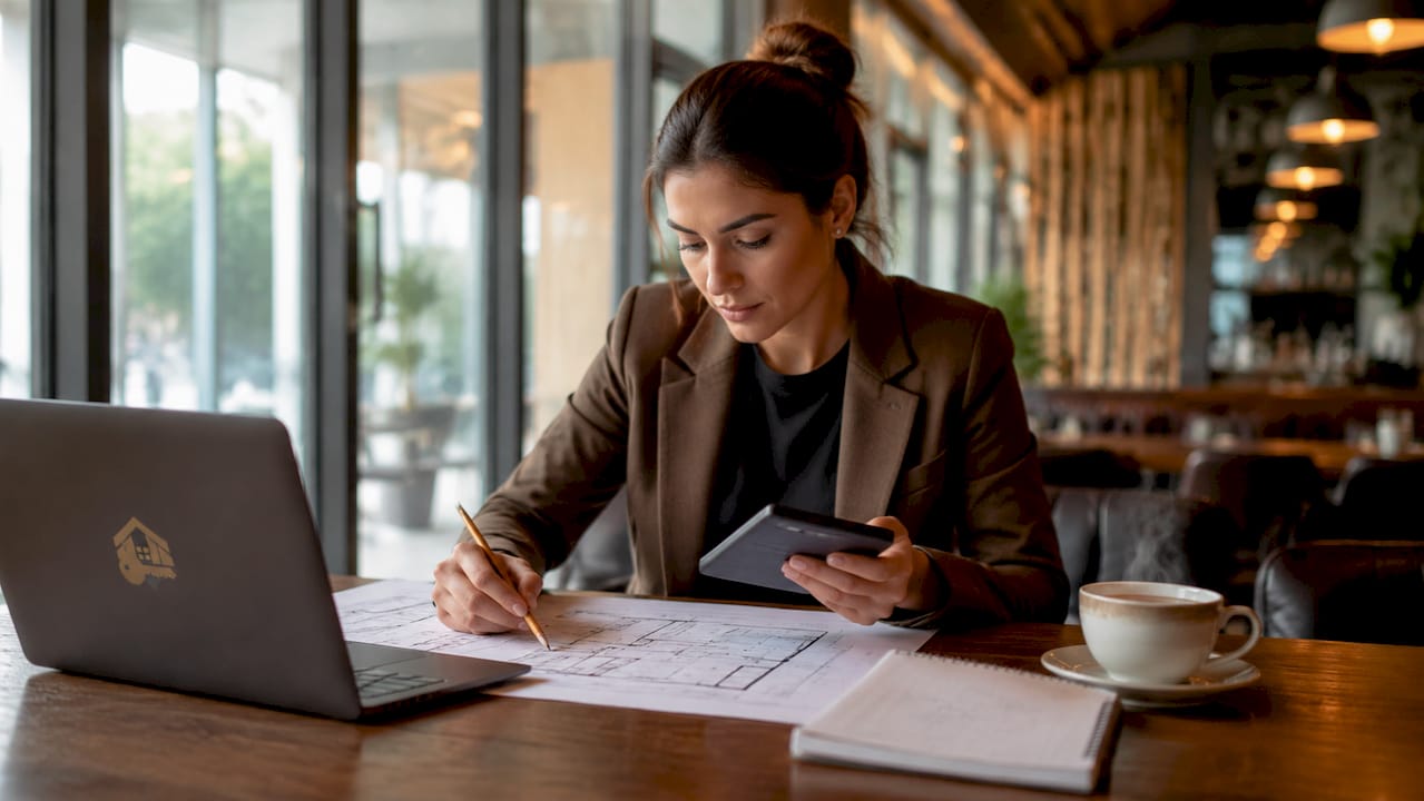 Personas revisando y anotando detalles sobre los planos de un restaurante