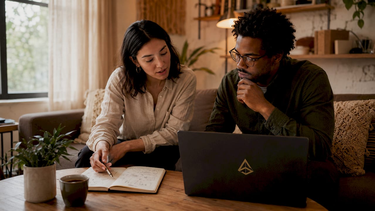 Una pareja trabajando en equipo en un espacio de coworking moderno